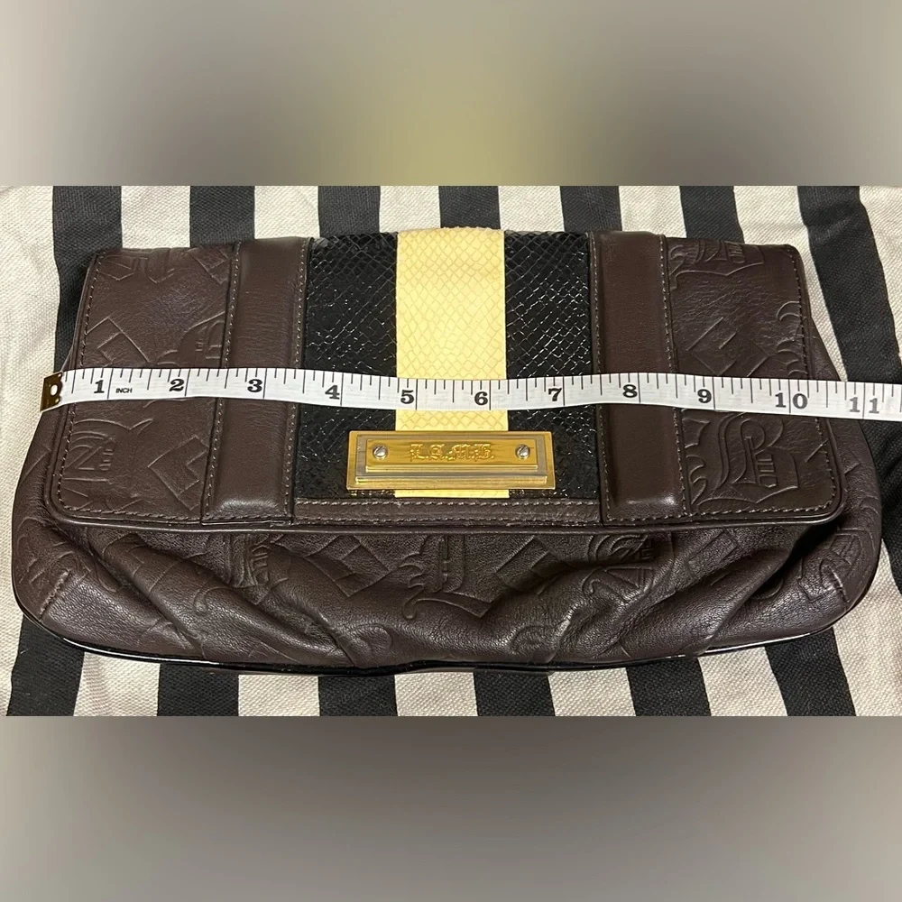 L.A.M.B. Dorset Chocolate Brown Leather Clutch with Faux Snakeskin